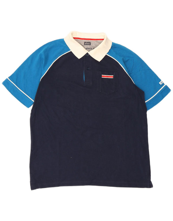 Asics Mens Rugby Polo Shirt Large Navy Blue Colourblock Cotton