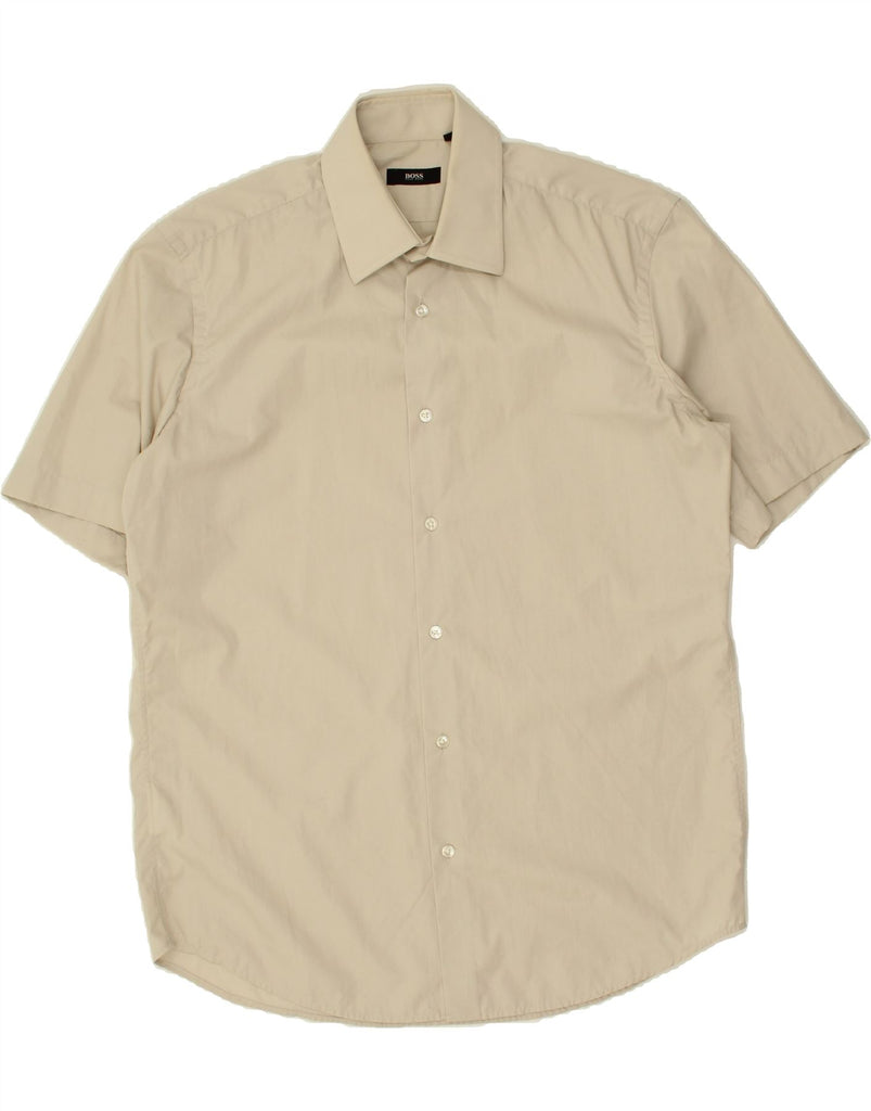 HUGO BOSS Mens Short Sleeve Shirt Size 15 1/2 38 Medium Beige Cotton | Vintage Hugo Boss | Thrift | Second-Hand Hugo Boss | Used Clothing | Messina Hembry 
