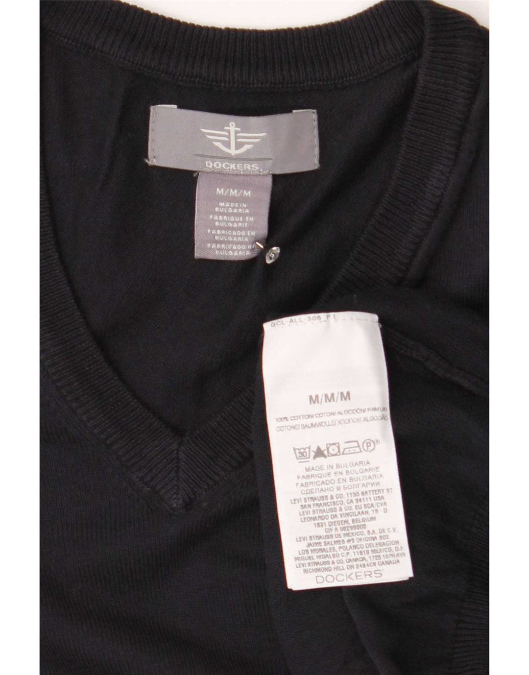 Dockers Mens V-Neck Jumper Sweater Medium Navy Blue Cotton
