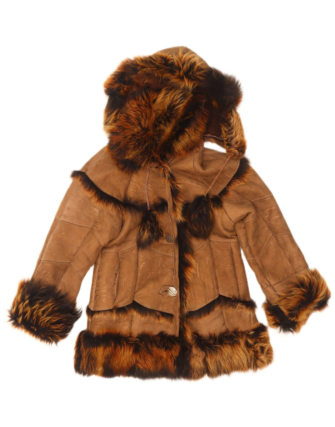 Vintage Girls Hooded Shearling Jacket 7-8 Years Brown