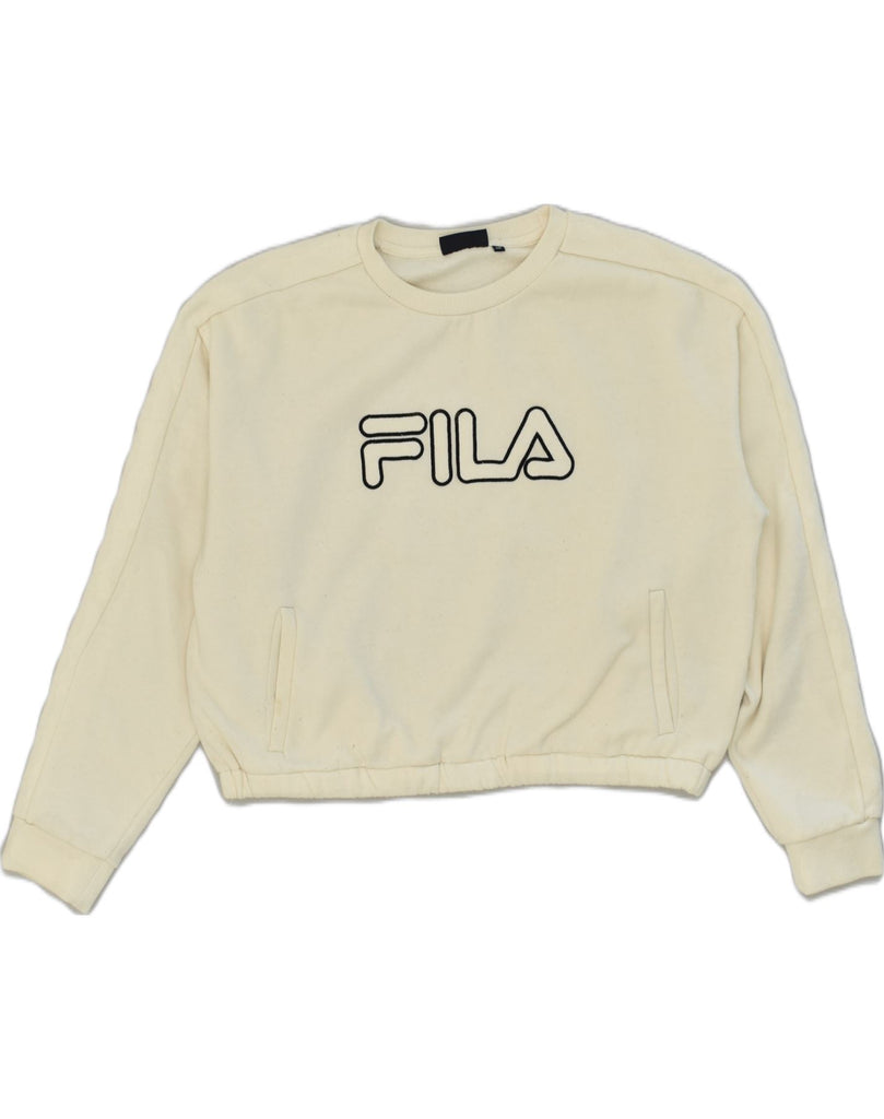 FILA Womens Oversized Crop Sweatshirt Jumper UK 12 Medium Off White | Vintage Fila | Thrift | Second-Hand Fila | Used Clothing | Messina Hembry 