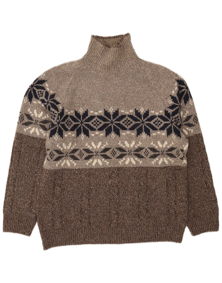 Vintage Mens Roll Neck Jumper Sweater XL Brown Fair Isle Wool