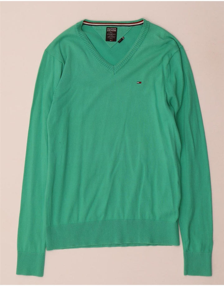 Tommy Hilfiger Mens V-Neck Jumper Sweater Medium Green Cotton
