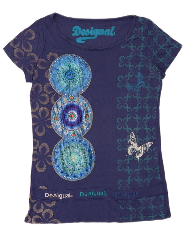 DESIGUAL Womens Graphic T-Shirt Top UK 12 Medium Navy Blue Floral