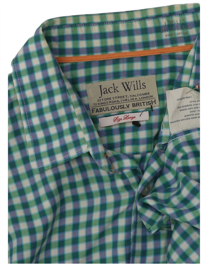 JACK WILLS Mens Shirt Large Green Gingham Cotton
