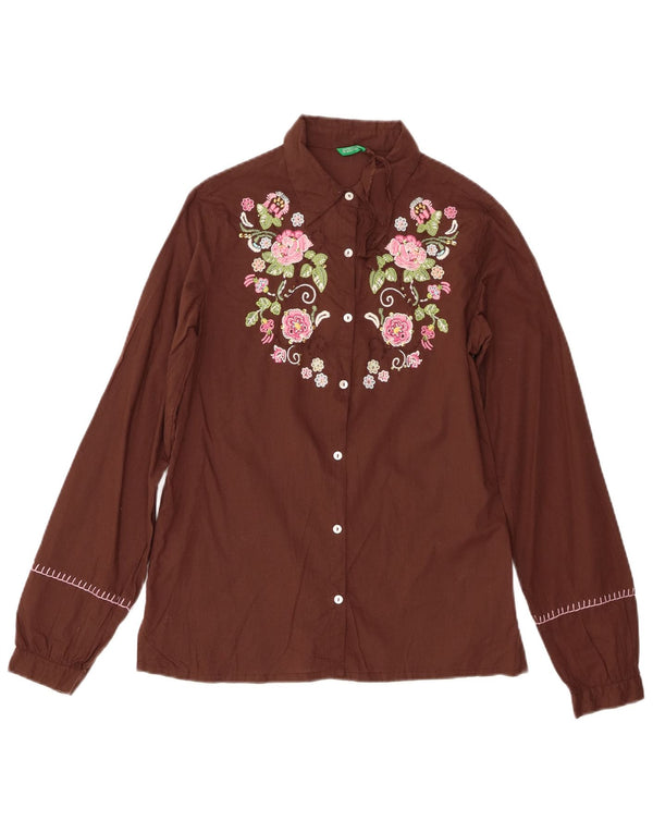 Benetton Girls Shirt 11-12 Years XL Brown Floral Cotton