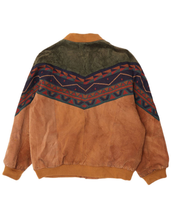 Vintage Mens Loose Fit Suede Bomber Jacket UK 38 Medium Beige Geometric