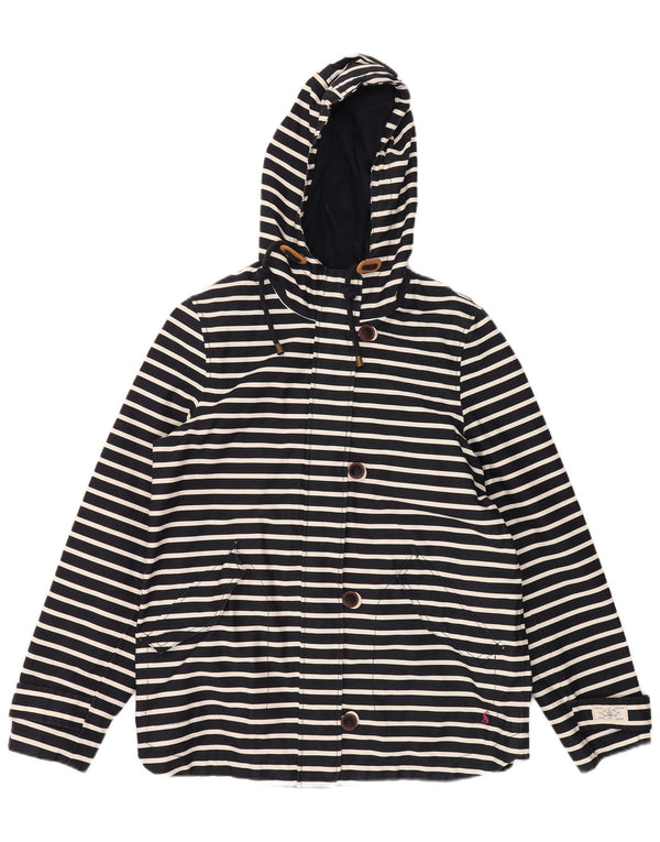 JOULES Womens Hooded Rain Jacket UK 14 Medium Navy Blue Striped Cotton
