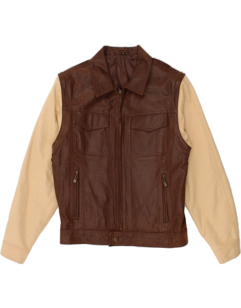 HENRY MORELL Mens Bomber Jacket IT 46 Small Brown Colourblock Leather Vintage Henry Morell and Second-Hand Henry Morell from Messina Hembry 