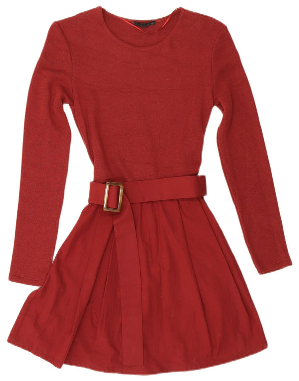 Zara Womens Long Sleeve A-Line Dress UK 8 Small Red Cotton