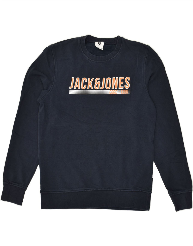 JACK & JONES Mens Graphic Sweatshirt Jumper Small Navy Blue Cotton | Vintage Jack & Jones | Thrift | Second-Hand Jack & Jones | Used Clothing | Messina Hembry 