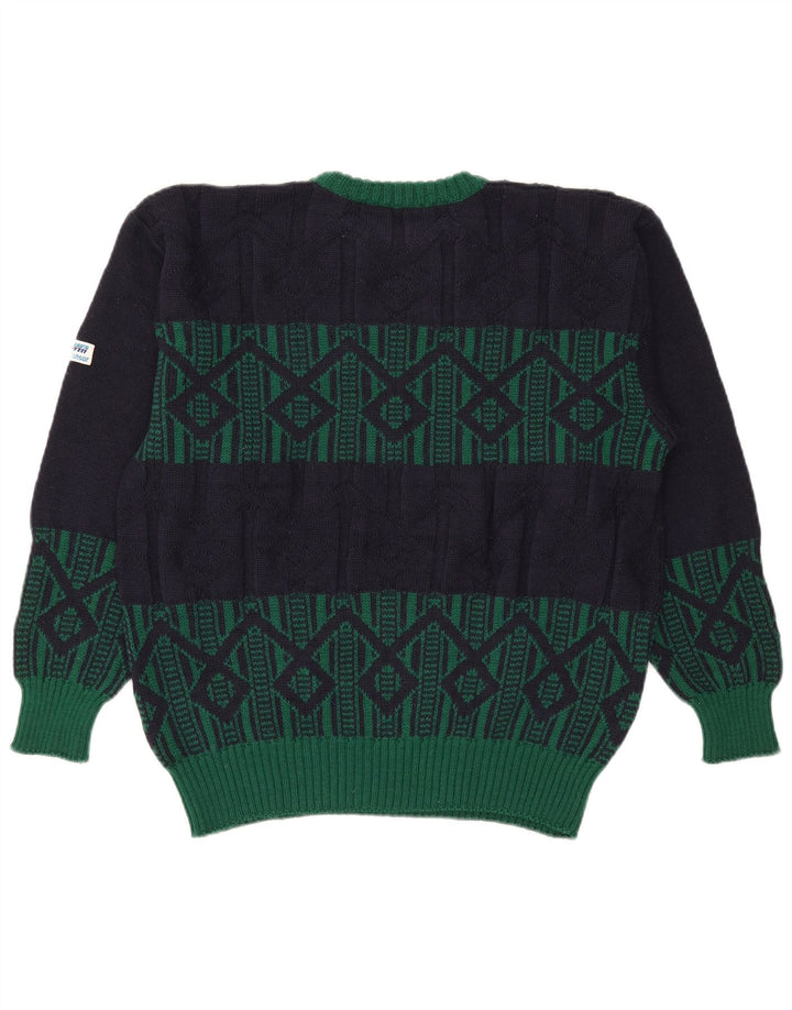 Azzurra Mens Crew Neck Jumper Sweater IT 50 Medium Navy Blue Geometric