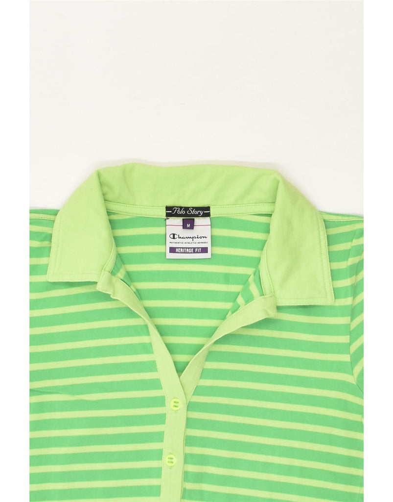 CHAMPION Womens Heritage Fit Polo Shirt UK 12 Medium Green Striped Cotton | Vintage Champion | Thrift | Second-Hand Champion | Used Clothing | Messina Hembry 