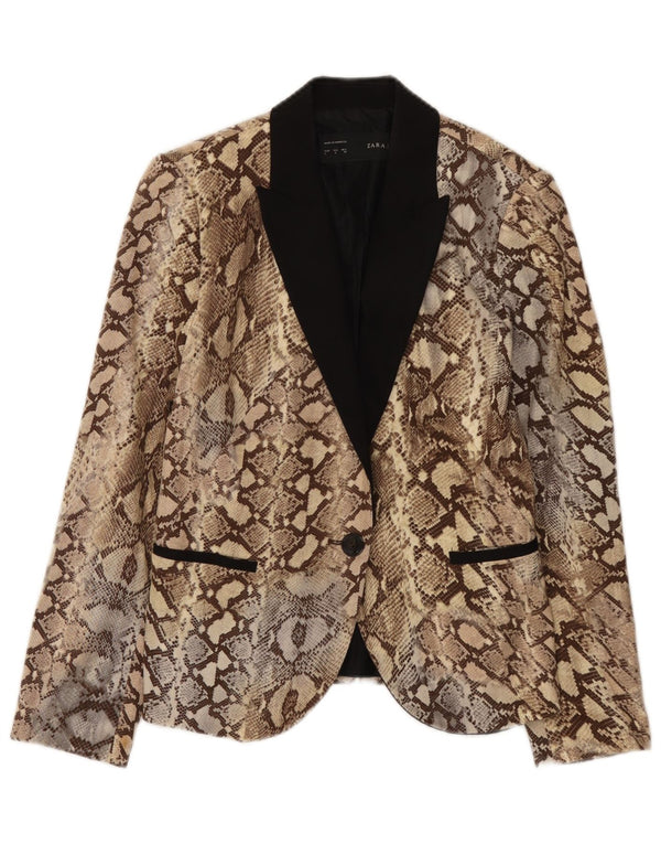 Zara Womens 1 Button Blazer Jacket UK 14 Large Beige Animal Print Cotton