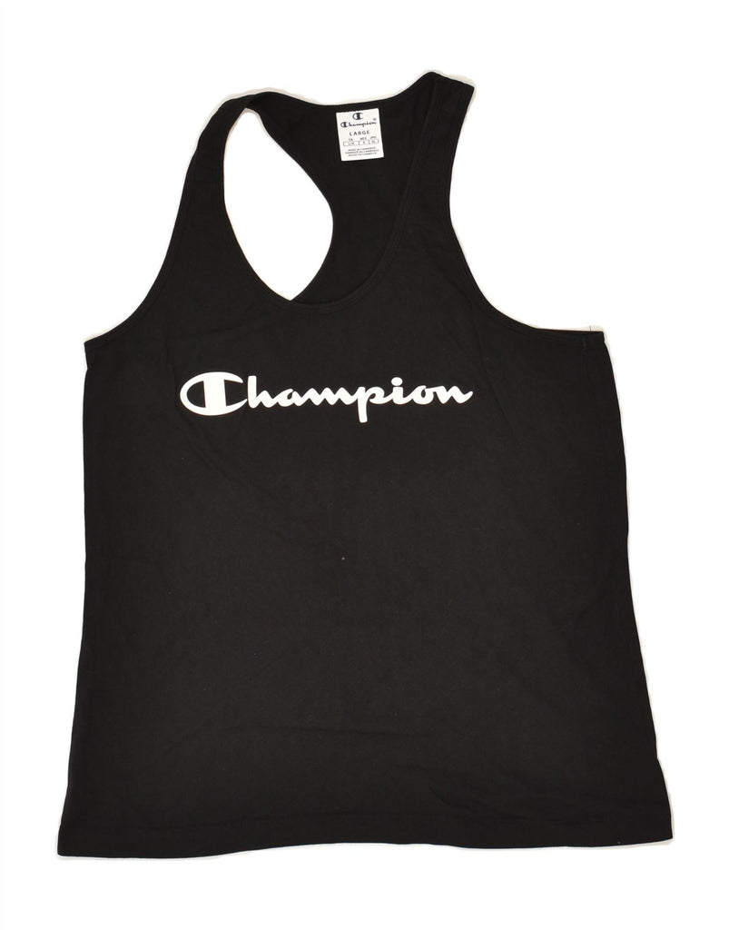 CHAMPION Womens Slim Graphic Vest Top UK 14 Large Black Vintage Champion and Second-Hand Champion from Messina Hembry 