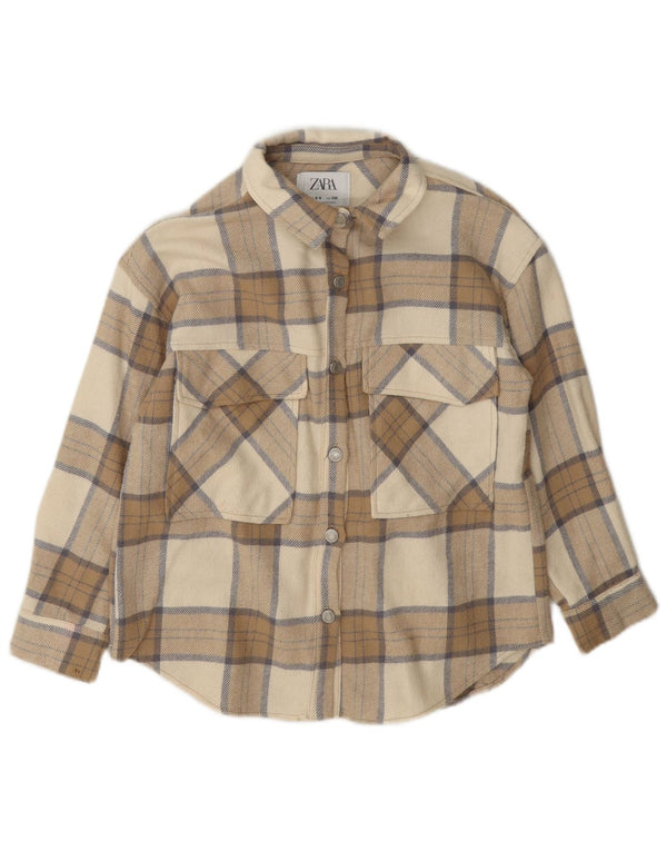 Zara Girls Overshirt Flannel Shirt 8-9 Years Beige Check Cotton