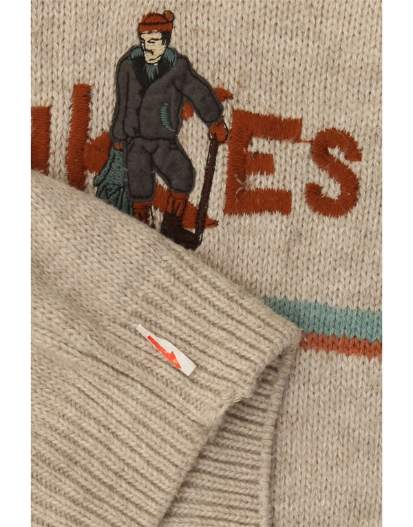 Vintage Mens Graphic V-Neck Jumper Sweater Large Beige Flecked Acrylic