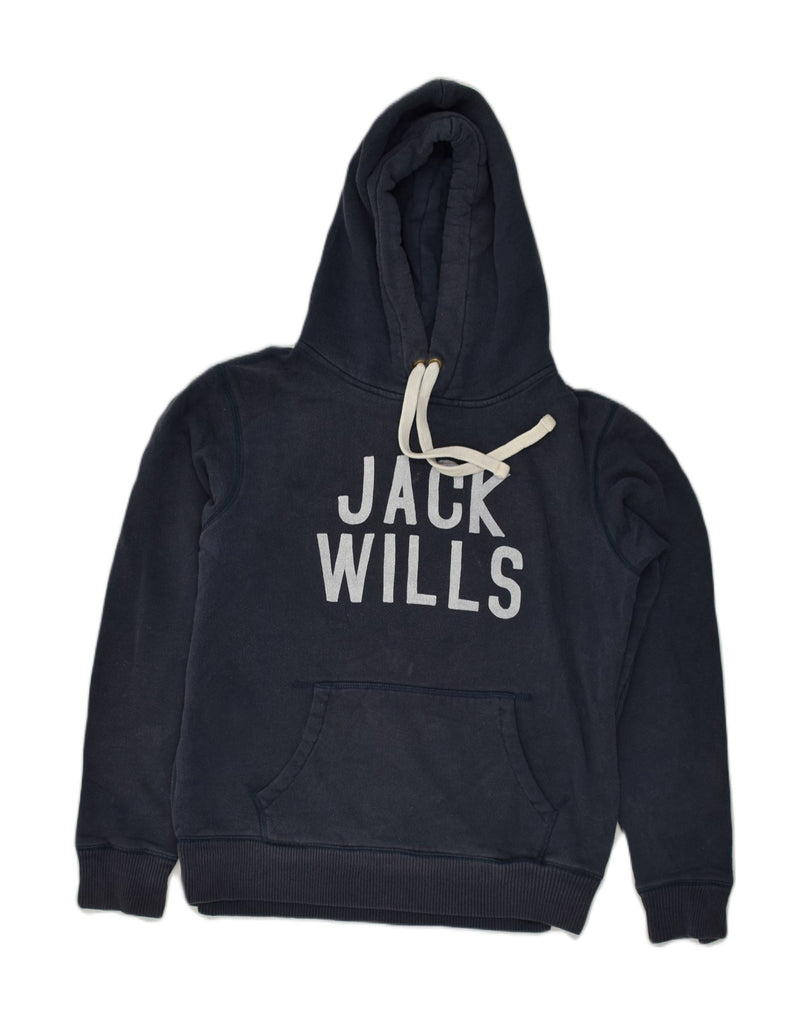 JACK WILLS Womens Graphic Hoodie Jumper UK 12 Medium Navy Blue Cotton | Vintage Jack Wills | Thrift | Second-Hand Jack Wills | Used Clothing | Messina Hembry 