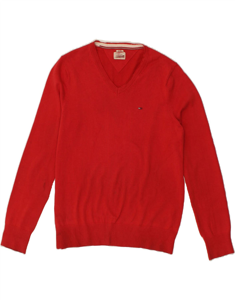 TOMMY HILFIGER Mens V-Neck Jumper Sweater Medium Red Cotton | Vintage Tommy Hilfiger | Thrift | Second-Hand Tommy Hilfiger | Used Clothing | Messina Hembry 