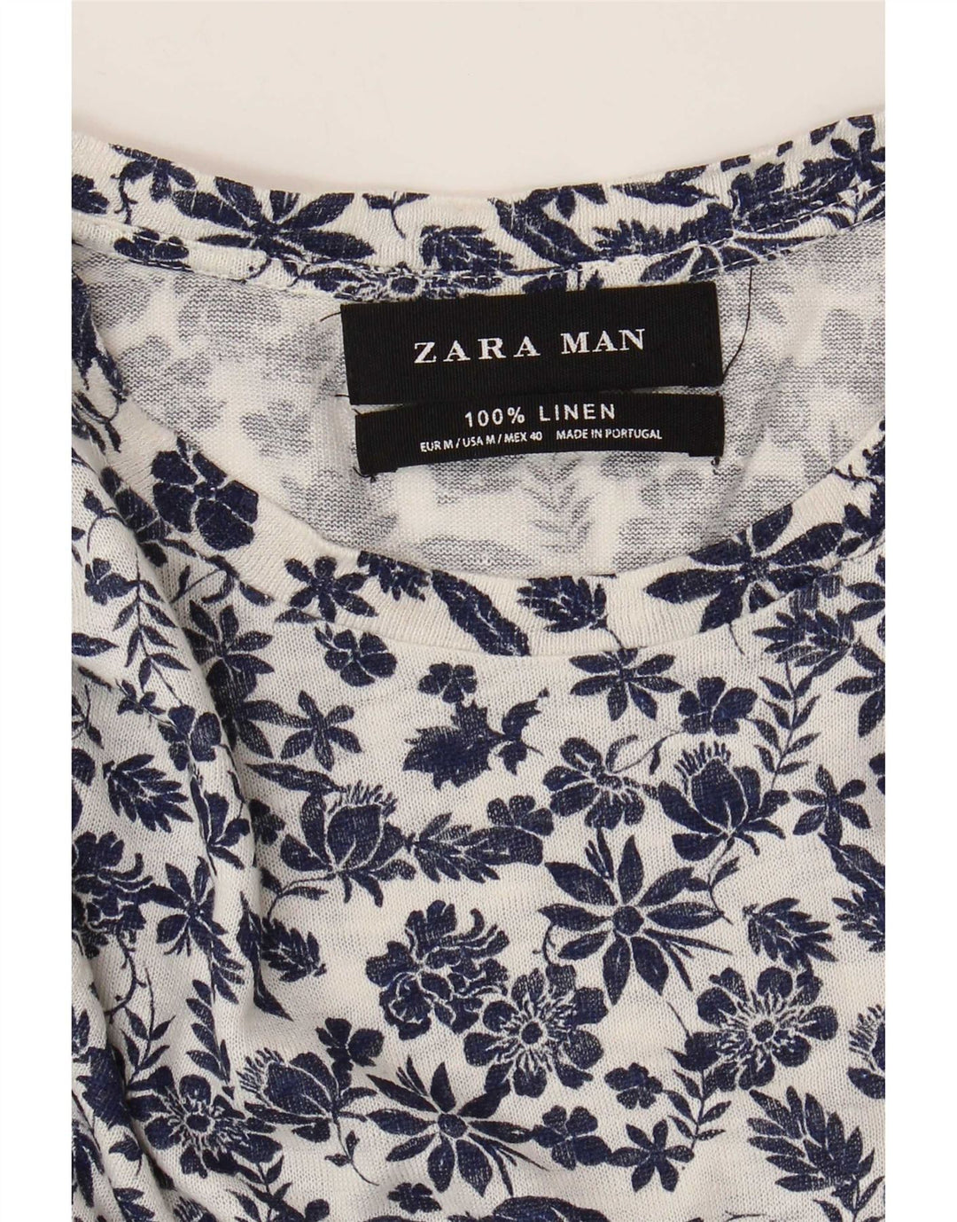 Zara Mens T-Shirt Top Medium White Floral Linen