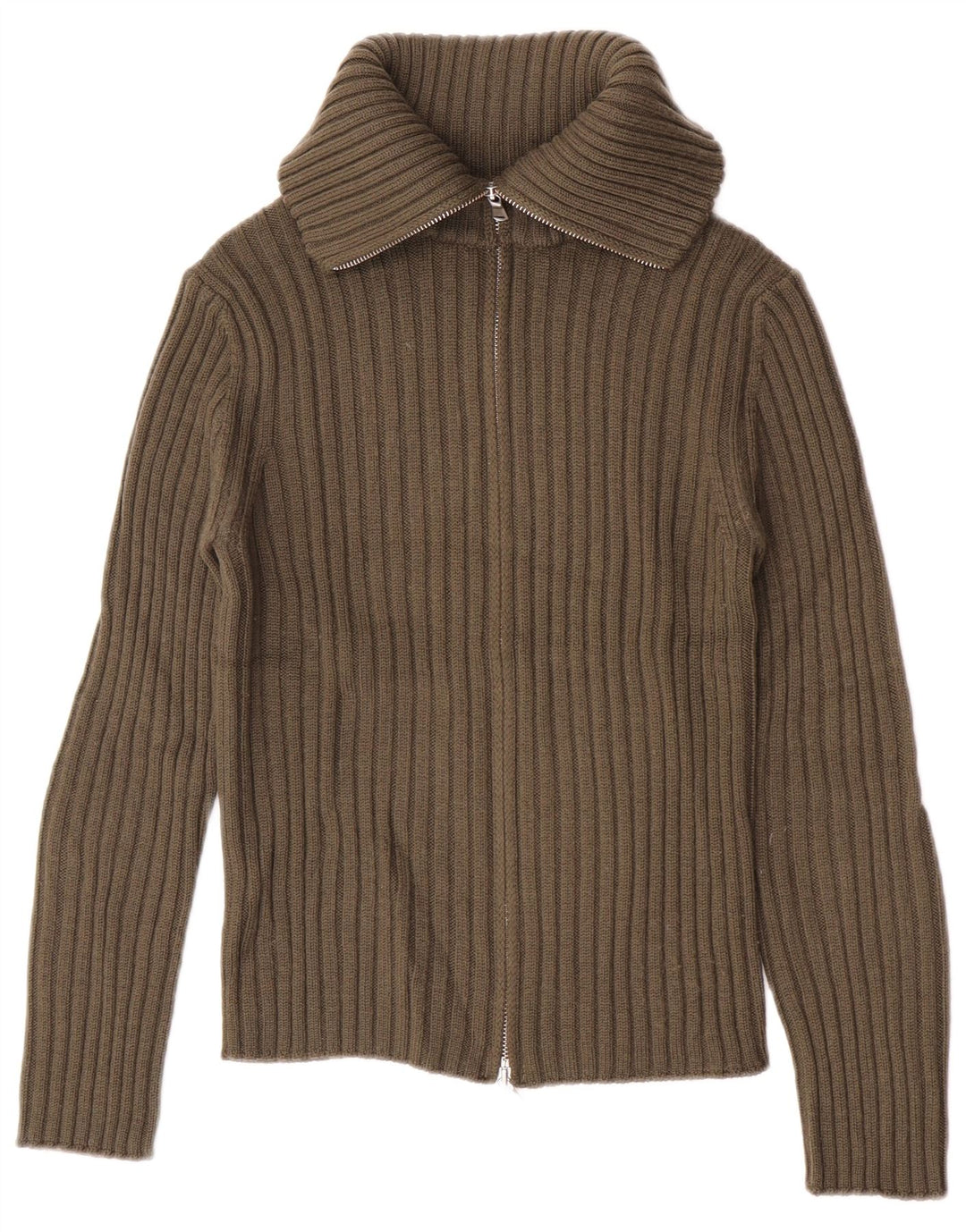 Benetton Womens Roll Neck Cardigan Sweater UK 10 Small Khaki Wool