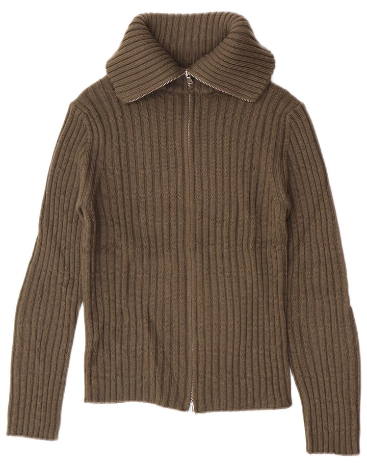 Benetton Womens Roll Neck Cardigan Sweater UK 10 Small Khaki Wool