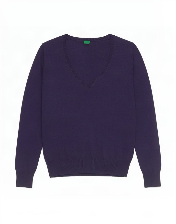 Benetton Womens V-Neck Jumper Sweater UK 8 Small Navy Blue