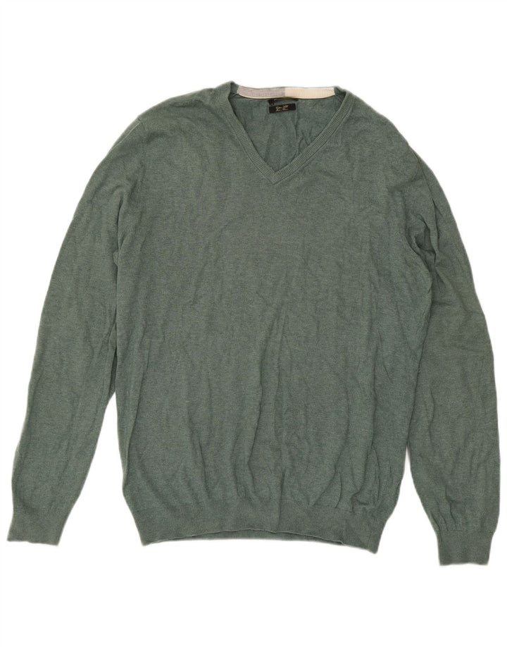 MASSIMO DUTTI Mens V-Neck Jumper Sweater XL Green Cotton