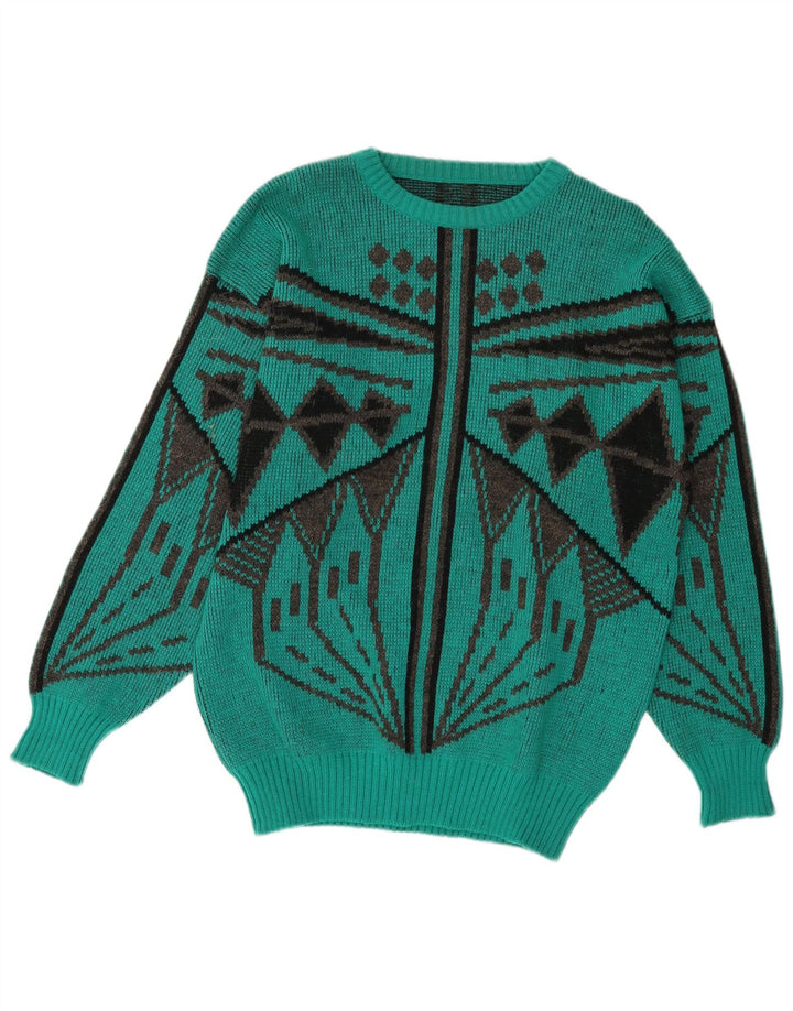 Vintage Womens Crew Neck Jumper Sweater IT 54 Large Green Geometric Wool