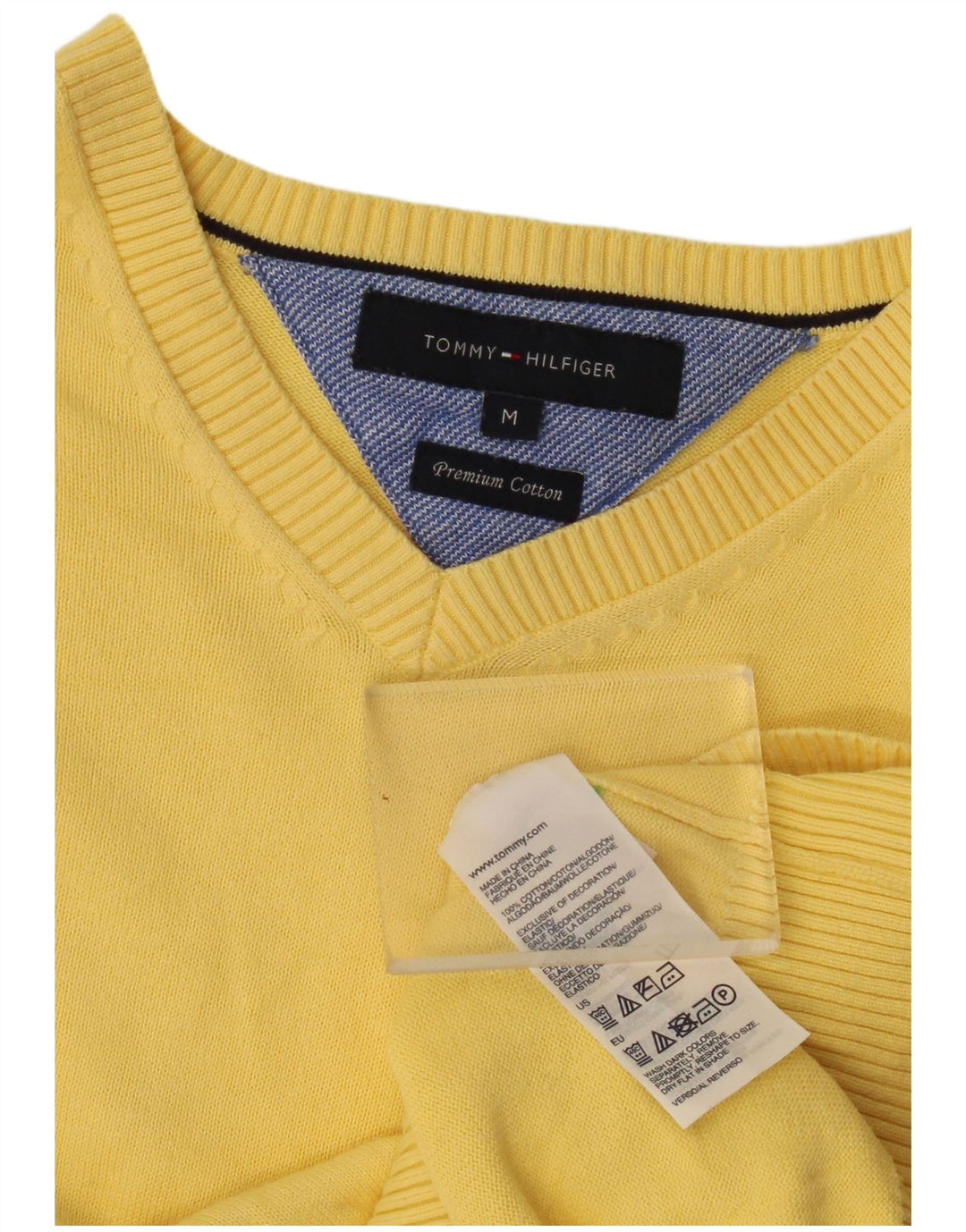Tommy Hilfiger Mens V-Neck Jumper Sweater Medium Yellow Cotton