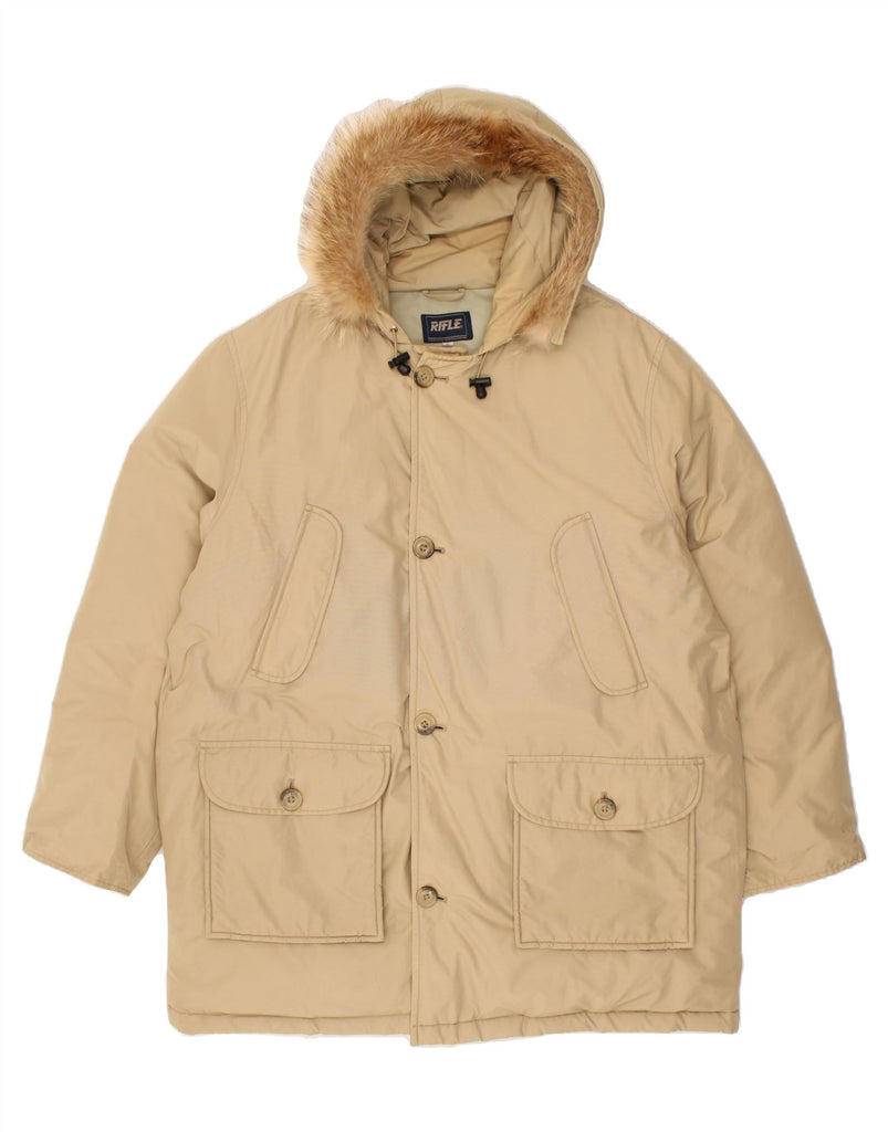 RIFLE Mens Hooded Padded Coat UK 40 Large Beige Cotton | Vintage Rifle | Thrift | Second-Hand Rifle | Used Clothing | Messina Hembry 