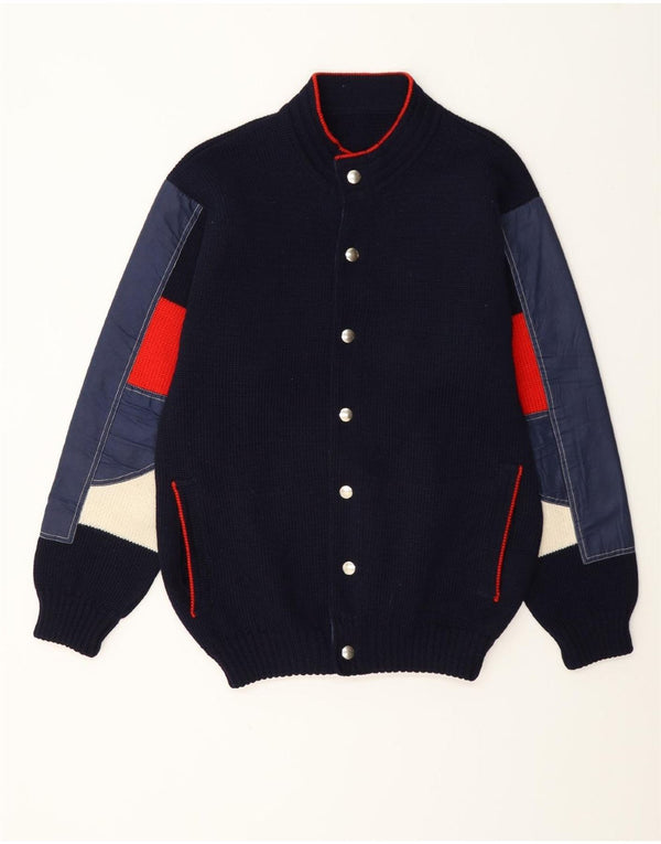 Vintage Mens Cardigan Sweater Medium Navy Blue Colourblock