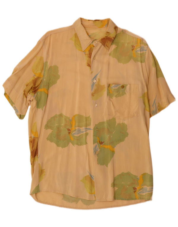Vintage Mens Short Sleeve Shirt Medium Beige Floral