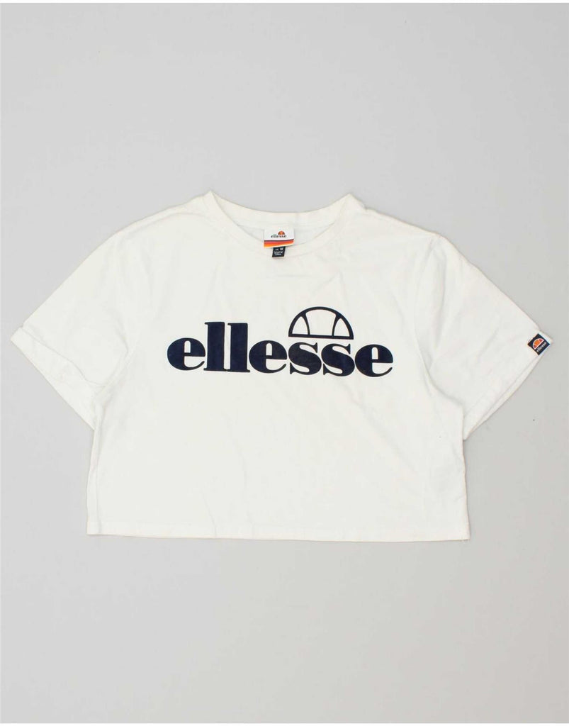 ELLESSE Womens Crop Graphic T-Shirt Top UK 10 Small White Cotton Vintage Ellesse and Second-Hand Ellesse from Messina Hembry 