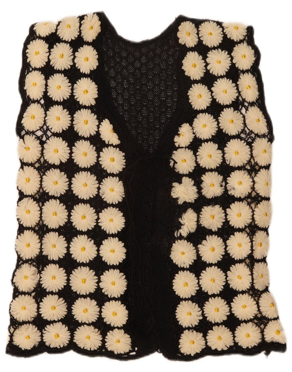 Vintage Womens Sleeveless Cardigan Sweater UK 12 Medium Black Floral