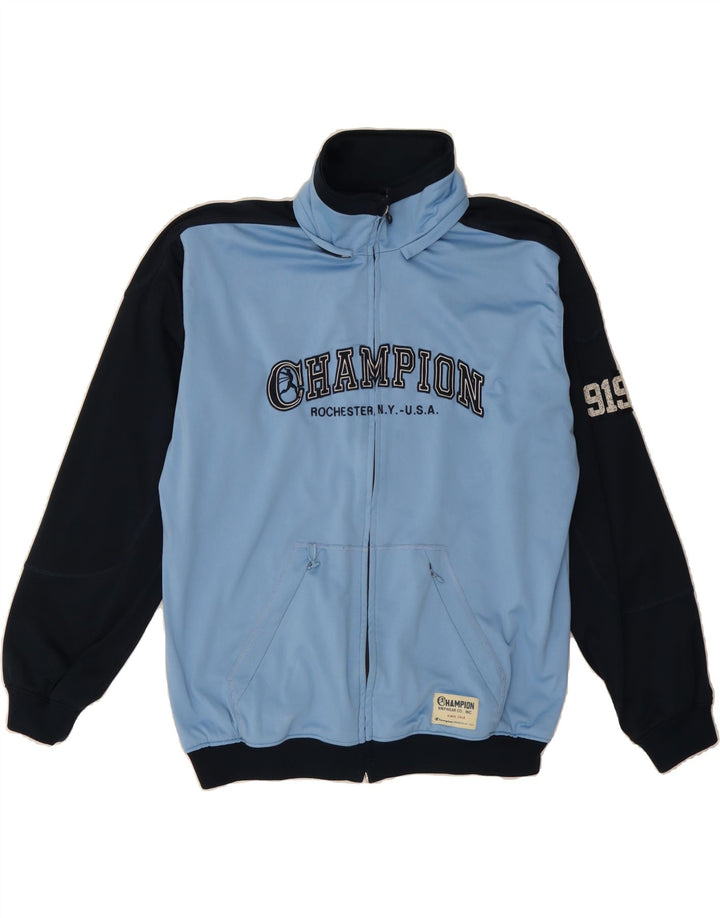 CHAMPION Mens Graphic Tracksuit Top Jacket Large Blue Colourblock Vintage Champion and Second-Hand Champion from Messina Hembry 