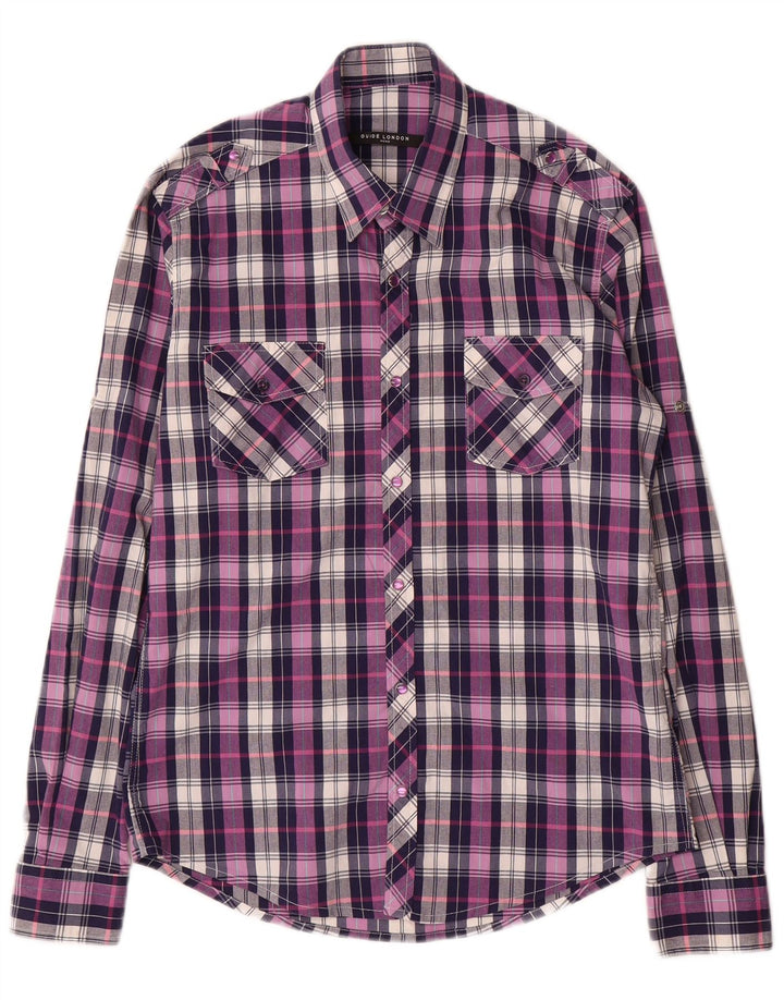 Guide London Mens Military Shirt Medium Purple Check Cotton