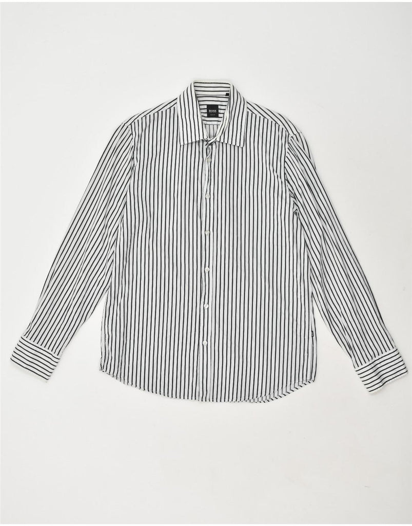 HUGO BOSS Mens Slim Fit Shirt Large White Striped Cotton | Vintage Hugo Boss | Thrift | Second-Hand Hugo Boss | Used Clothing | Messina Hembry 