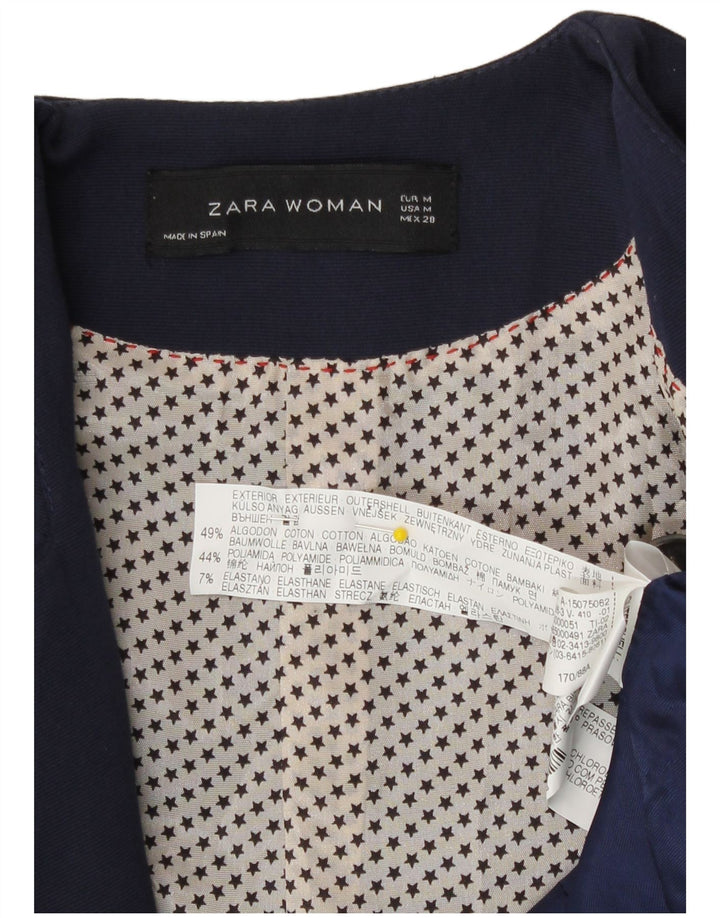 Zara Womens 1 Button Blazer Jacket UK 12 Medium Navy Blue Cotton