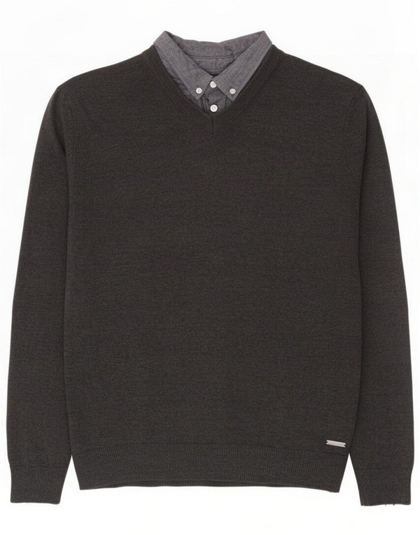 Pierre Cardin Mens V-Neck Jumper Sweater Large Grey Cotton