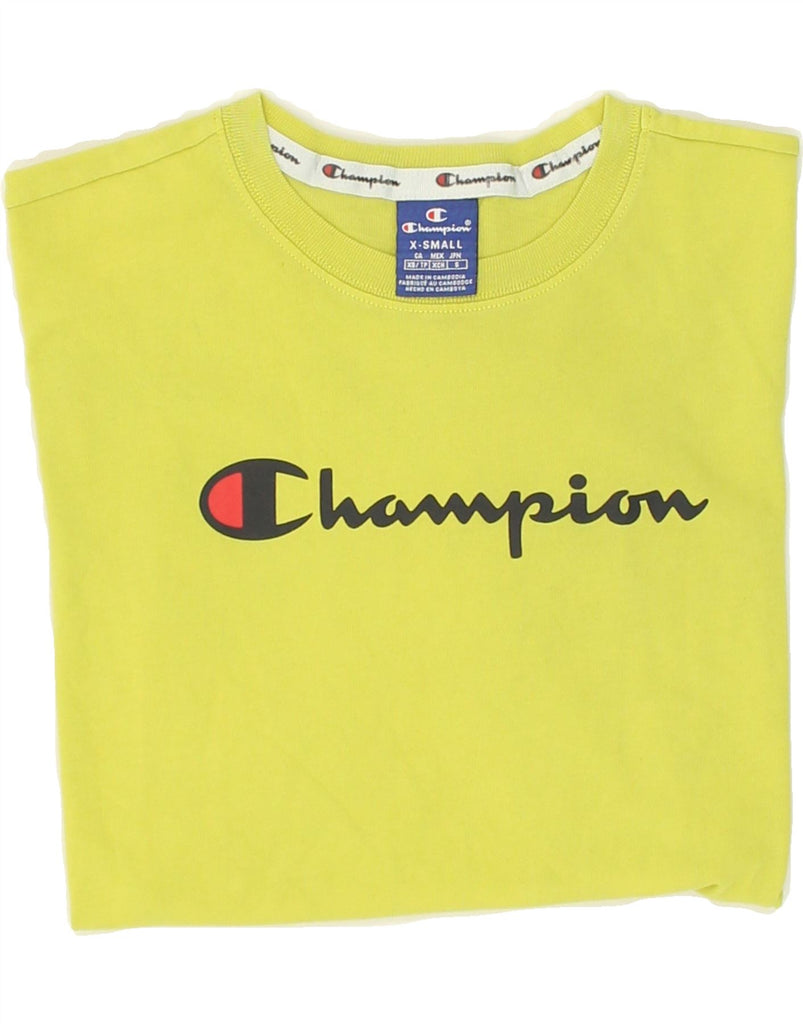 CHAMPION Womens Graphic T-Shirt Top UK 6 XS Yellow Cotton | Vintage Champion | Thrift | Second-Hand Champion | Used Clothing | Messina Hembry 