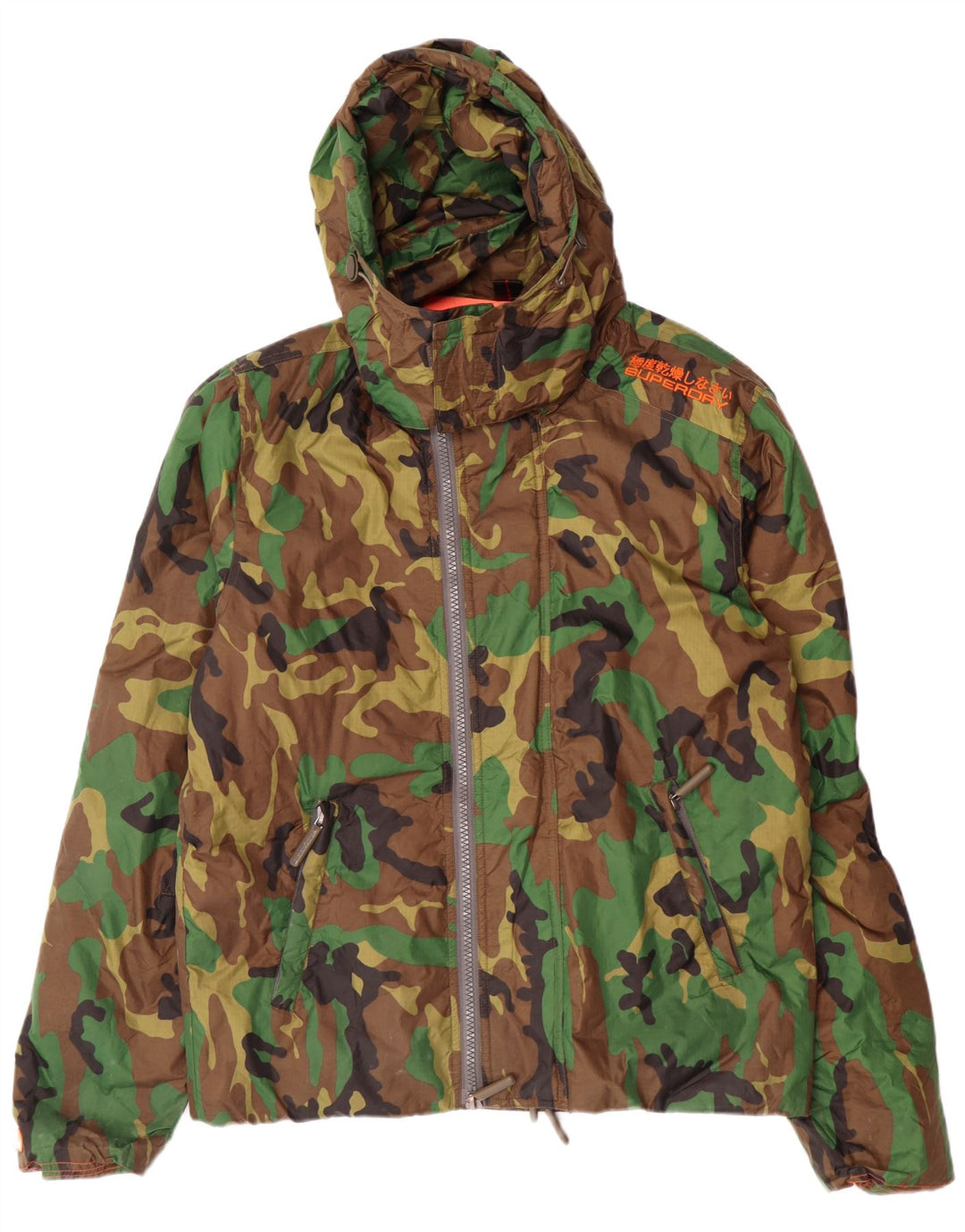 SUPERDRY Mens Hooded Windbreaker Jacket UK 42 XL Khaki Camouflage Nylon