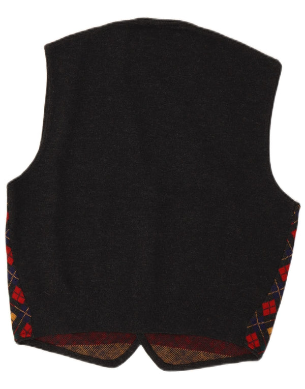 Vintage Mens Geometrical Knit Waistcoat Large Grey Argyle/Diamond Wool