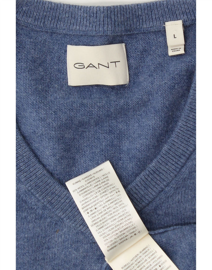 Gant Mens V-Neck Jumper Sweater Large Blue Wool
