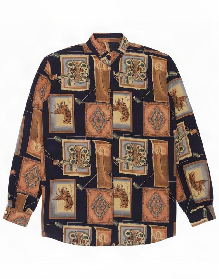 Vintage Womens Shirt Blouse UK 16 Large Navy Blue Patchwork Polyester