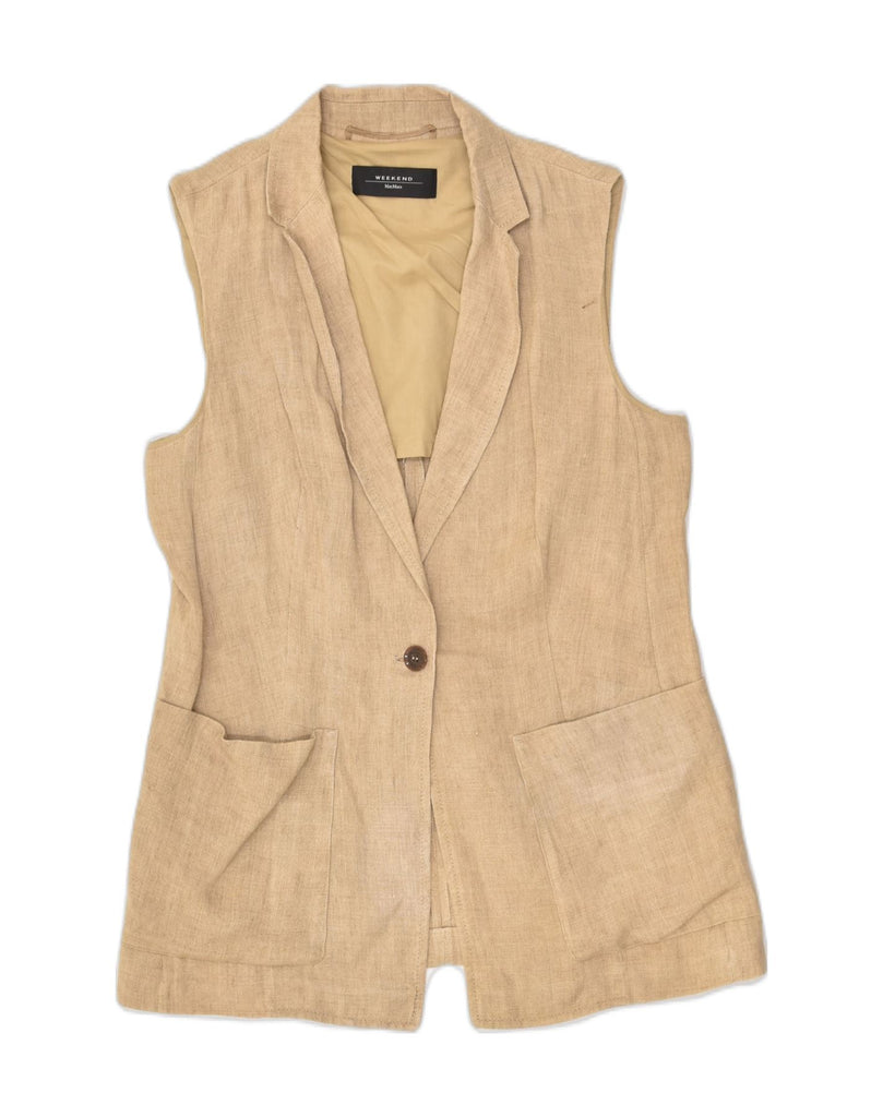 MAX MARA Womens 1 Button Sleeveless Blazer Jacket UK 10 Small Beige Cotton | Vintage Max Mara | Thrift | Second-Hand Max Mara | Used Clothing | Messina Hembry 