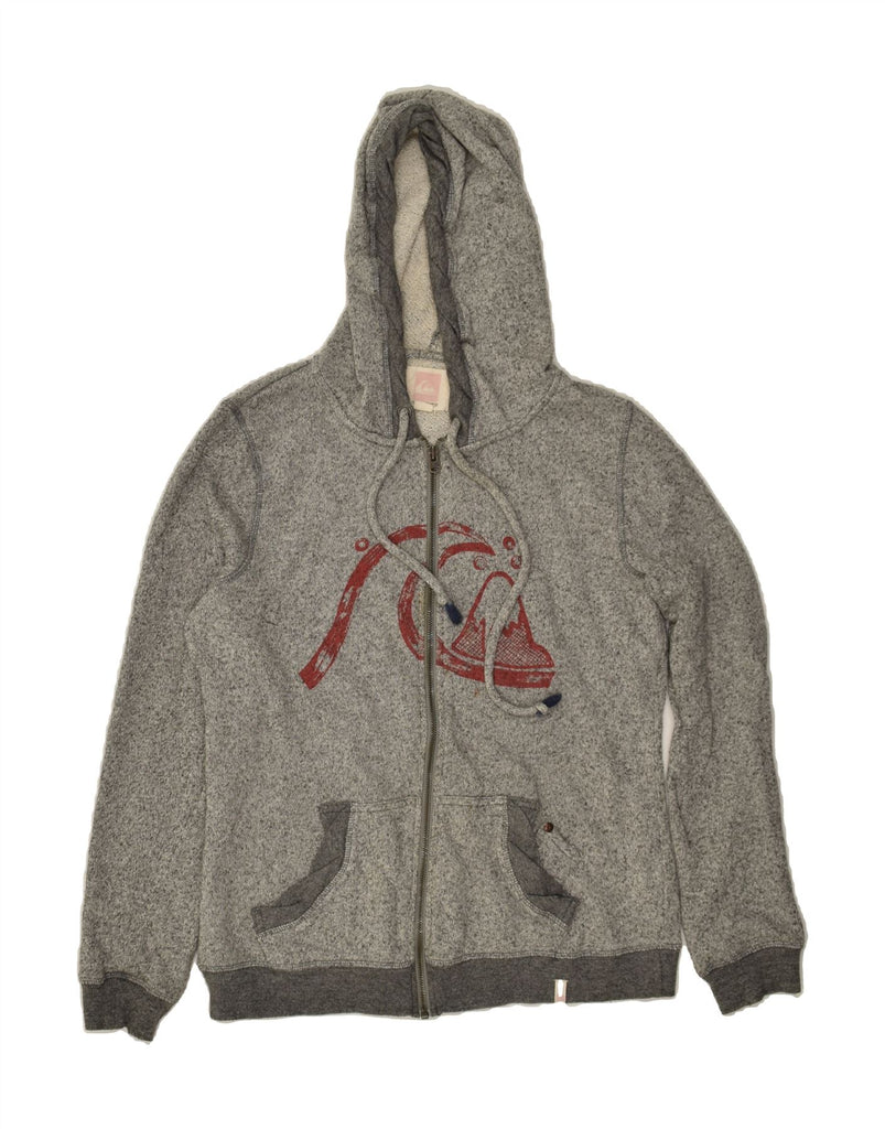 QUIKSILVER Womens Graphic Zip Hoodie Sweater UK 16 Large Grey Cotton | Vintage Quiksilver | Thrift | Second-Hand Quiksilver | Used Clothing | Messina Hembry 