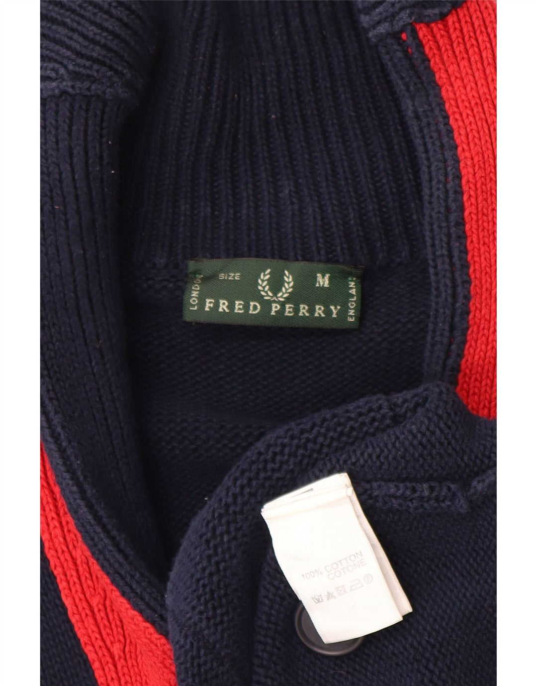 FRED PERRY Mens Cardigan Sweater Medium Navy Blue Colourblock Cotton