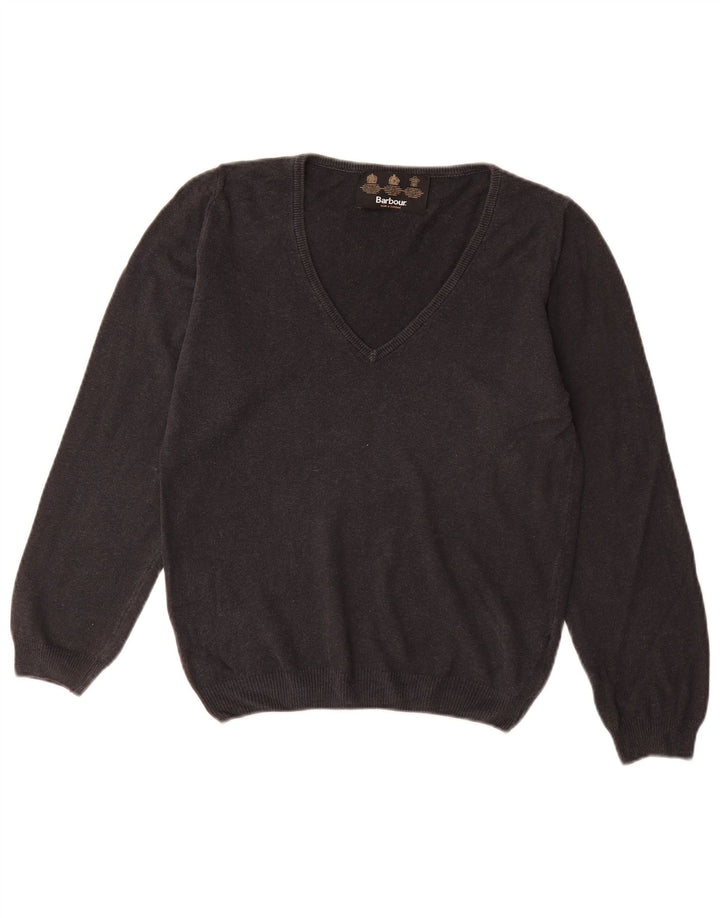 BARBOUR Womens V-Neck Jumper Sweater UK 8 Small Black Cotton