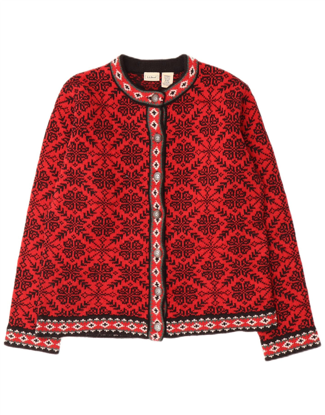 L.L.Bean Womens Cardigan Sweater UK 14 Medium Red Fair Isle Wool